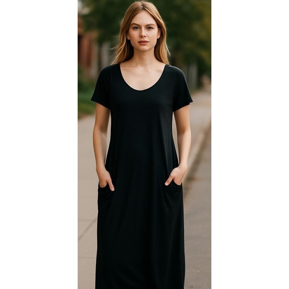 MariaCher. lagenlook maxi dress pockets black rough hem high end designer
